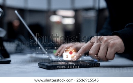 close up hacker man hand type password to unlock system after hacking with binary code in private dark operation room for digital information and leakage GDPR data concept