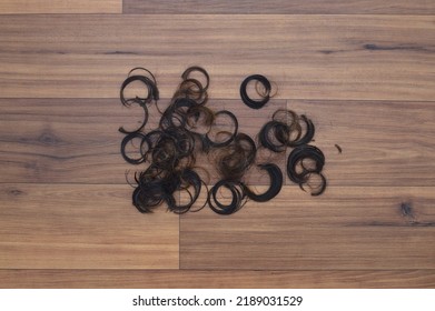 Close Up Of Hair Clippings On Wood Floor