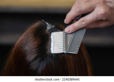 Close Up Of Hair Dye Process. Hand Holding Brush For Hair Dye With Blur Background. Hair Beauty Concept. 