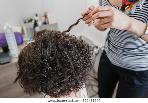 Close Hairdresser Curling Short Black Hair Stock Photo Edit Now