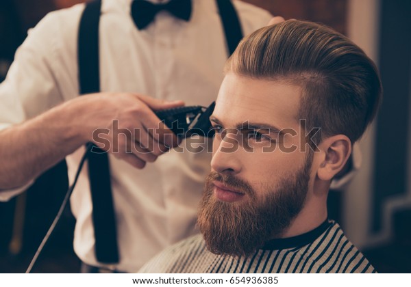 Close Hairdressers Work Handsome Young Guy People Beauty