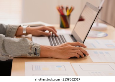 Close Up Hand Asian Man Working Woman On The Desk With Her Laptop, Working From Home.