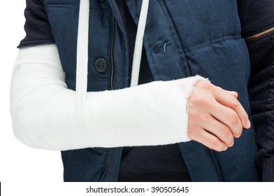 Close Up Hand With Bandage And Gypsum As Body Injury Concept