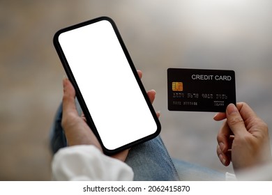  Close Up Hand Of Business Woman Using A Credit Card And Mobile Smartphone For Payments And Online Shopping, Online Shopping, Digital Banking, E-commerce Concept.