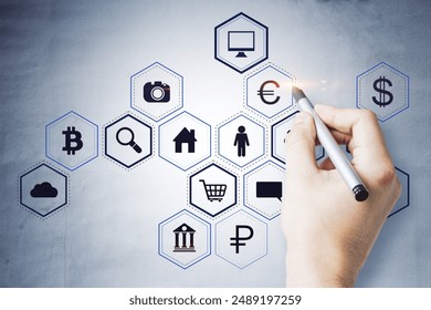Close up of hand drawing creative hexagonal pattern business sketch on concrete wall background. Success, technology and finance concept