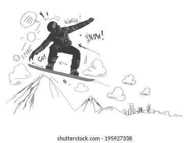 Close Up Of Hand Drawing Sketches Of Snowboarder