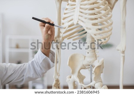 Close up of hand of female doctor dressed in medical gown pointing with pen to rib bone on plastic model of human body. Detailed structure of skeleton demonstrating places of diseases in patient.