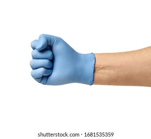 Close Up Of A Hand Fist With Blue Latex Protective Gloves On White Background