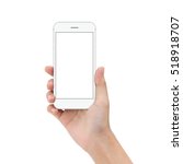 close up hand hold phone isolated on white, mock-up smartphone white color blank screen