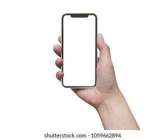 close up hand hold phone isolated on white, mock-up smartphone white color blank screen - Shutterstock ID 1059662894