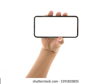 close up hand hold phone isolated on white, mock-up smartphone white color blank screen - Shutterstock ID 1591833835