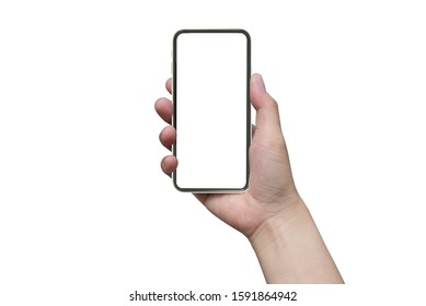 close up hand hold phone isolated on white, mock-up smartphone white color blank screen - Shutterstock ID 1591864942