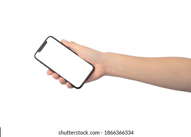 close up hand hold phone isolated on white, mock-up smartphone white color blank screen - Shutterstock ID 1866366334