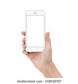 close up hand hold phone isolated on white, mock-up smartphone white color blank screen - Shutterstock ID 518918707