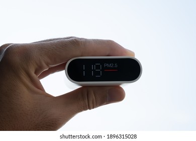 Close Up Hand Holding Air Quality Monitor To Detect Level Of Pollution Or Small Particle (PM2.5) On Sky Background. Image High Pollution Concept.