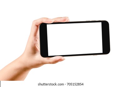 Close Up Hand Holding Black Phone Isolated On White Background. Can Use For Show Your Media Or Product.