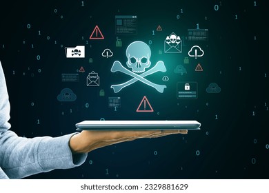 Close up of hand holding cellphone with glowing skull hologram on blurry dark background. Hacking, malware and phishing concept