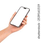 Close up of hand holding smartphone with blank screen isolated on white background.