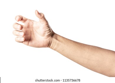Close up hand holding something like a bottle or can isolated on white background with clipping path. - Shutterstock ID 1135736678