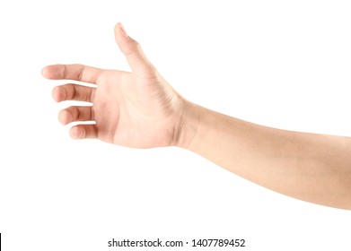 Close up hand holding something like a bottle or can isolated on white background with clipping path. - Shutterstock ID 1407789452