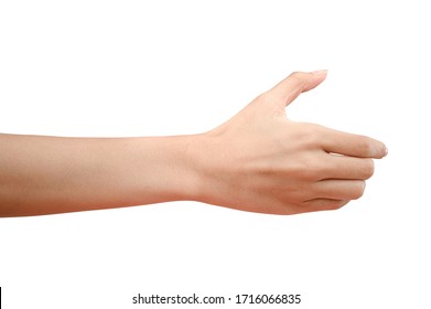 Close up hand holding something like a bottle or can isolated on white background with clipping path. - Shutterstock ID 1716066835