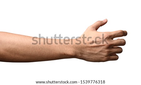 Close up hand holding something like a bottle or can isolated on white background with clipping path.