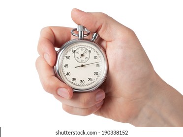 Close up of hand holding stopwatch, isolated on white background - Shutterstock ID 190338152
