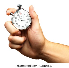 Close Up Of Hand Holding Stopwatch On White Background