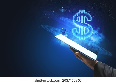 Close up of hand holding tablet with creative glowing polygonal dollar city hologram on blurry blue background with mockup place. Cryptocurrency, online banking, price and trade concept - Powered by Shutterstock