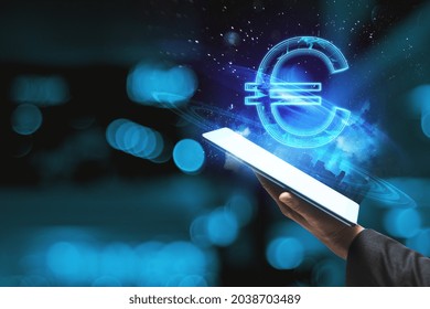 Close up of hand holding tablet with creative glowing polygonal euro city hologram on blurry bokeh background. Cryptocurrency, online banking, price and trade concept - Powered by Shutterstock