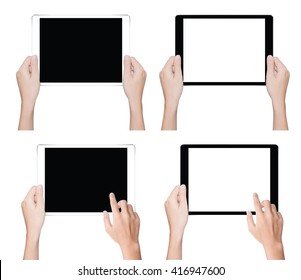 Close Up Hand Holding Tablet Isolated White Clipping Path Inside Data