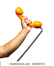 Close Up Of Hand Holding Telephone On White Background