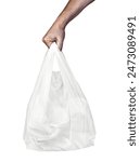 close up of a hand holding used white plastic bag on white background
