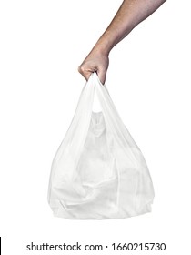 Close Up Of A Hand Holding Used White Plastic Bag On White Background