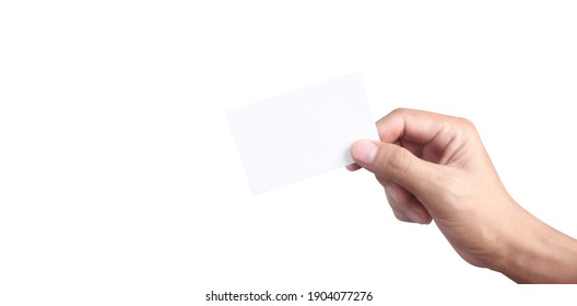 Close up of hand holding virtual card with. Credit card in hand isolated