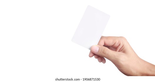 Close Up Of Hand Holding Virtual Card With. Credit Card In Hand Isolated