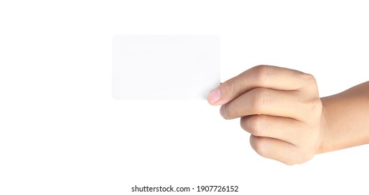 Close up of hand holding virtual card with. Credit card in hand isolated