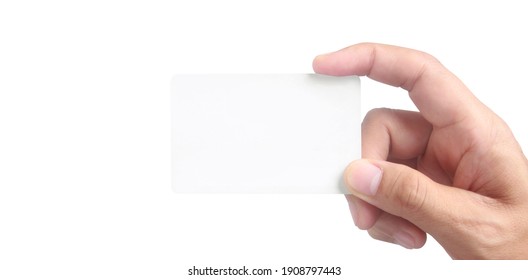 Close Up Of Hand Holding Virtual Card With. Credit Card In Hand Isolated