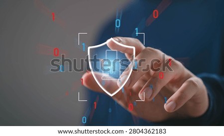 Close up of hand interacting with digital padlock inside shield, cybersecurity protection, secure data access, privacy control, network defense, safe login technology and information security system