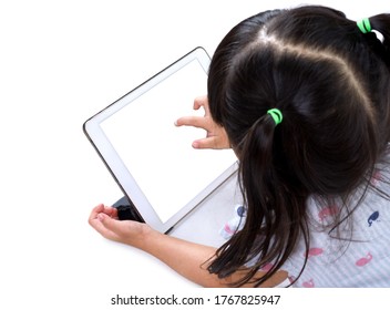 Close up hand little girl touch screen the tablet isolated on white background