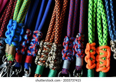 Close Up Of A Hand Made Face Mask Lanyard. Metal Hook, Cord Stopper, Colourful Parachute Cord.