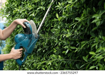 Similar – Image, Stock Photo Gardener trimming a hedgerow using a hedge trimmer in the garden of a customer with earmuffs on for protection