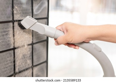 Close Up Hand A Man Is Sucking Dust And Cat Hair Out Of Air Purifier Dust Filter Cleaning For Good Health  In The Home 