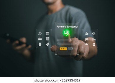 Close up Hand Man Using Smartphone to Confirm Payment with Virtual Interface Showing Successful Transaction and Digital Symbols in Modern Environment