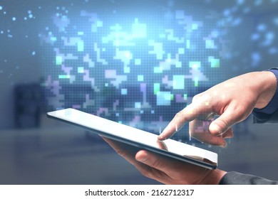 Close up of hand pointing at smartphone with digital metaverse pixel hologram on blurry background. Cyberspace concept. Double exposure - Powered by Shutterstock