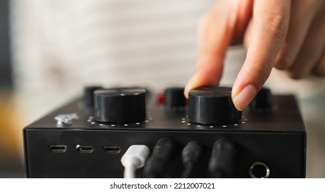 Close Up Of Hand Press Control Panel, Audio Engineer, Music Creator.