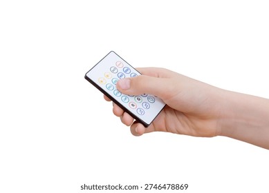 Close up of hand pressing button on RGB LED light remote controller isolated on white background
