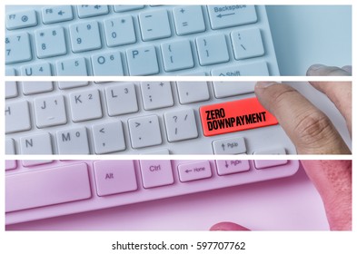 Close up of hand pressing word ZERO DOWNPAYMENT on white keyboard.