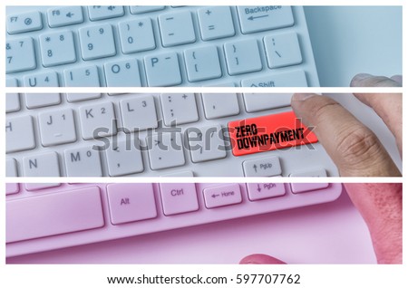 Close up of hand pressing word ZERO DOWNPAYMENT on white keyboard.
