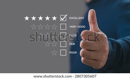 Close up of hand showing thumbs up with five star rating and excellent feedback selection, customer satisfaction concept, positive review, high quality service evaluation, success and user experience